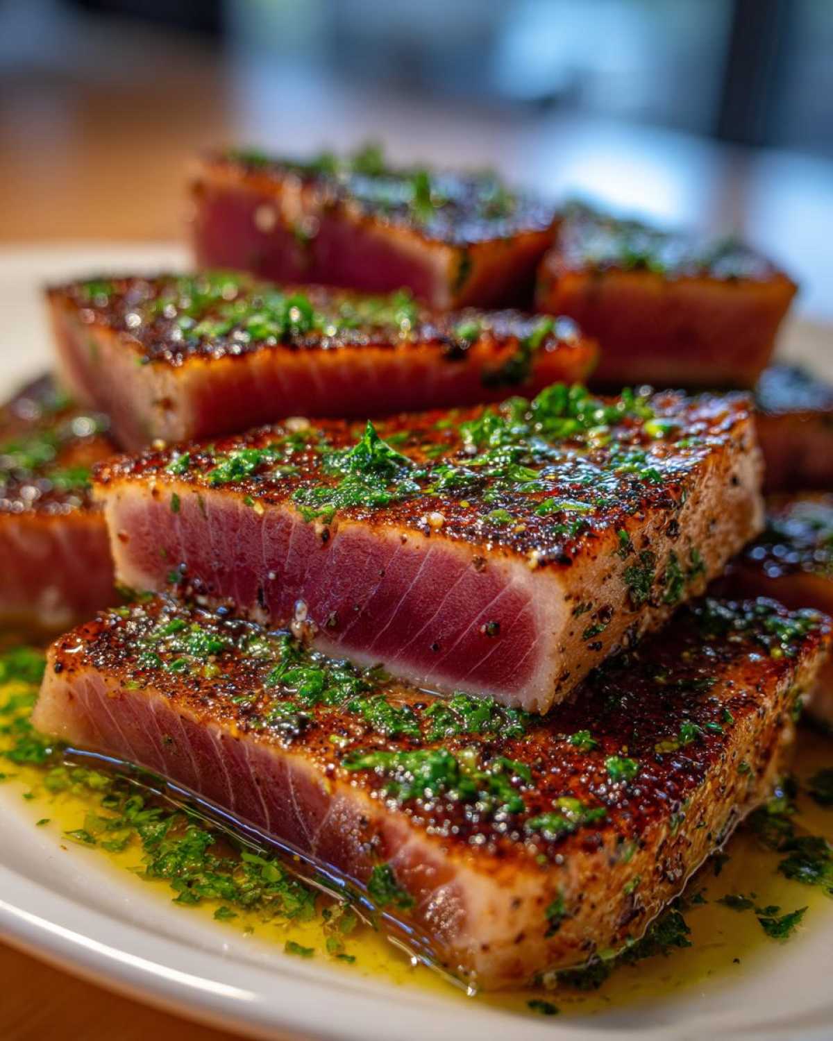 Close-up of thick, perfectly seared tuna steak slices, showing a rare center and topped with bright green herbs in butter sauce.
