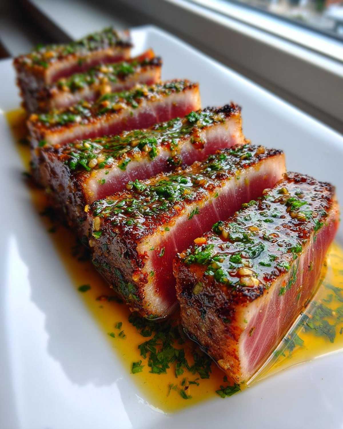 Five thick slices of perfectly seared tuna steak, rare in the center, topped with a bright green herb and seed glaze.