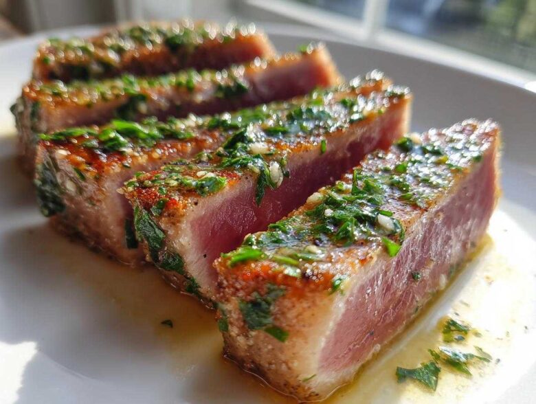 Close-up of four thick slices of seared tuna steak, showing a rare pink center and topped with a bright green herb and garlic marinade.