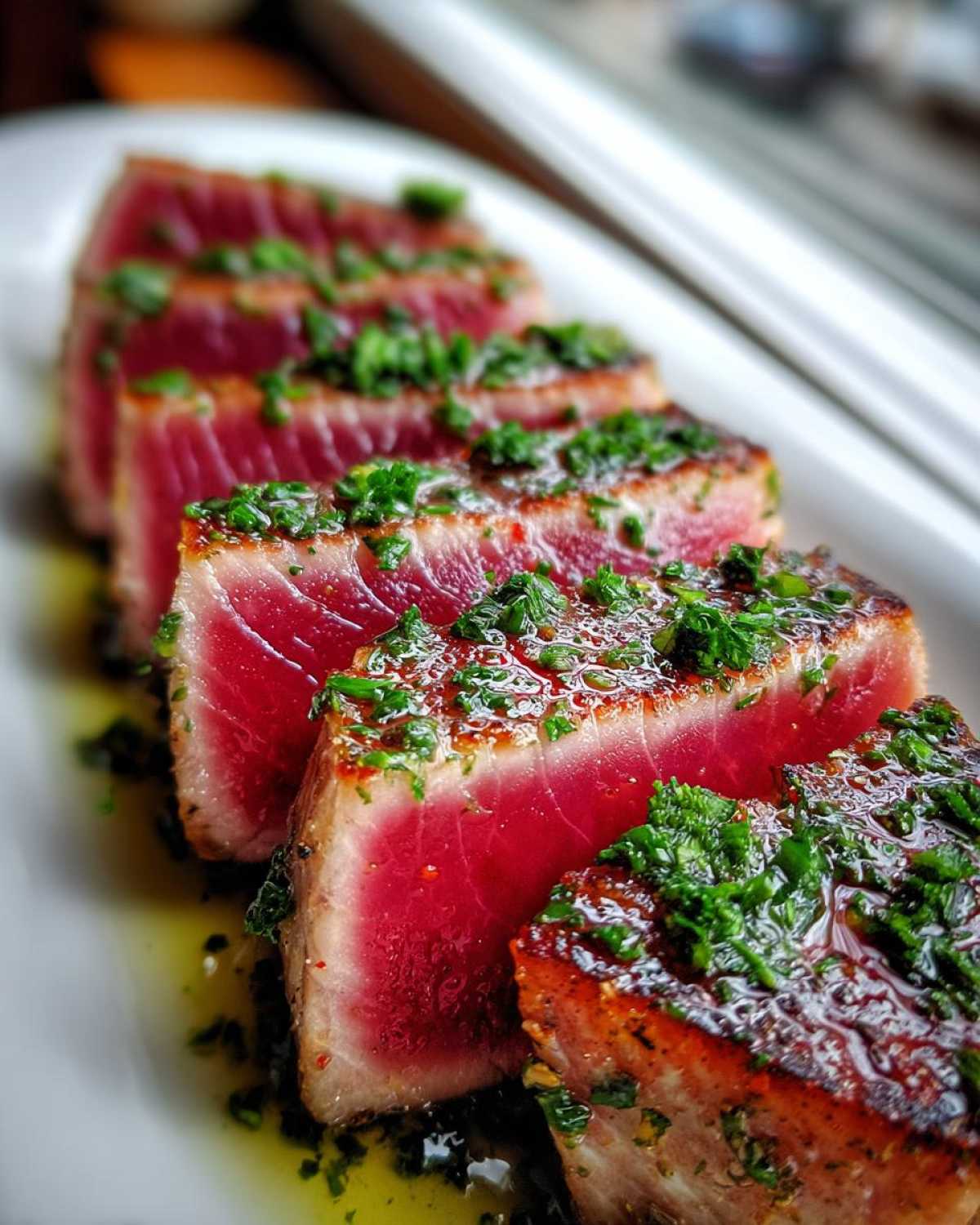 Close-up of perfectly seared Tuna steak, sliced thick and topped with bright green herb sauce.