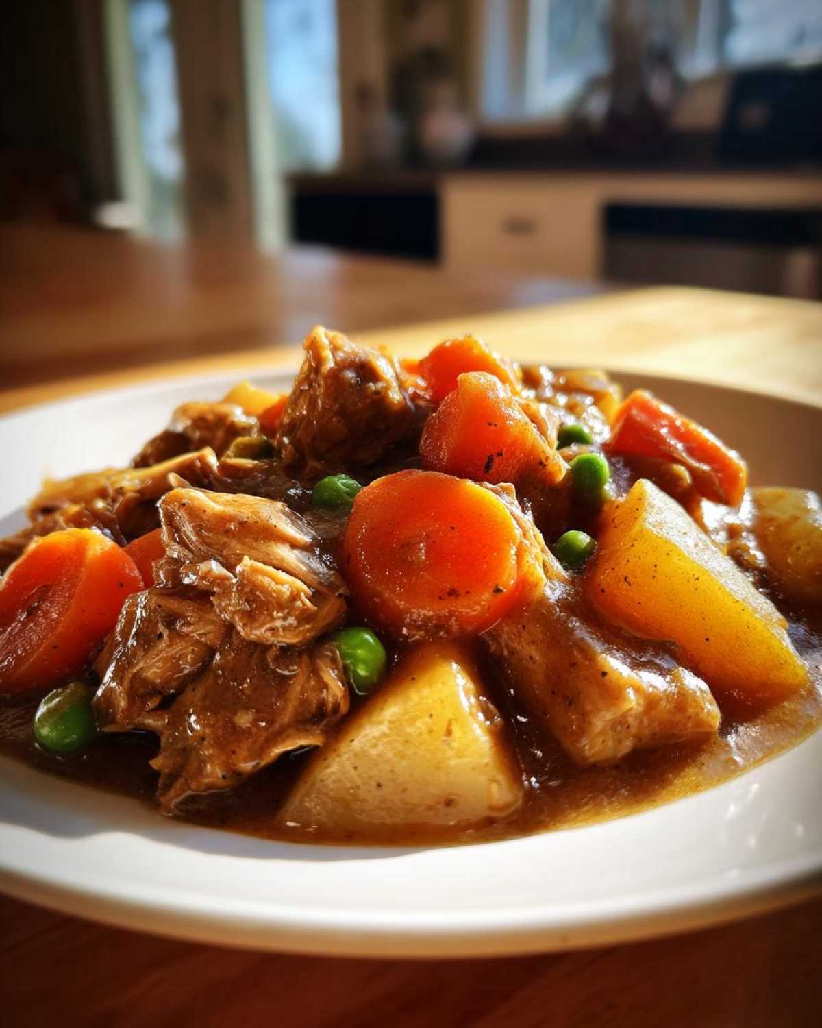 A close-up of a hearty serving of slow cooker chicken stew with carrots, potatoes, and peas in a rich brown sauce.