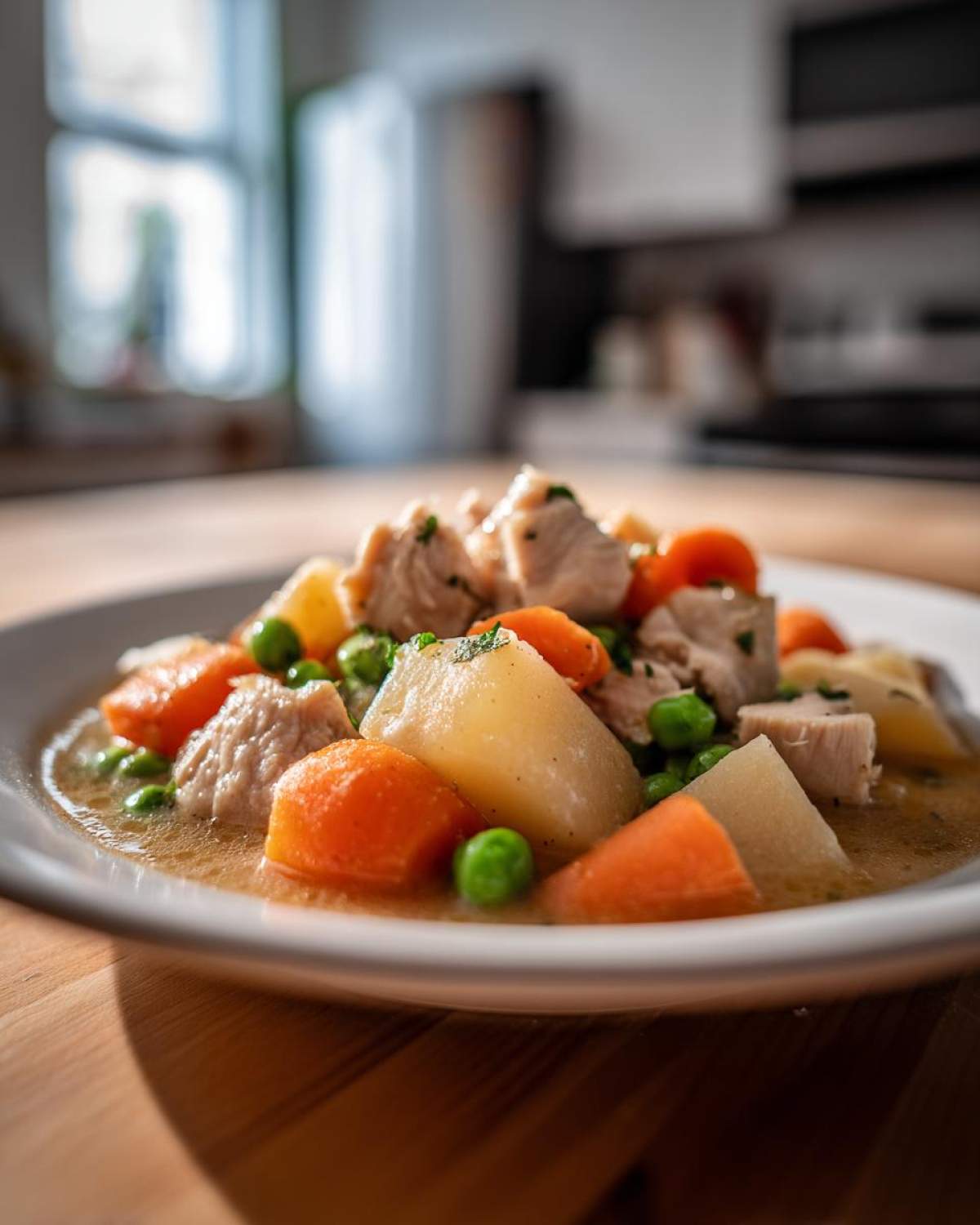 Close-up of a bowl filled with chunky slow cooker chicken stew featuring tender chicken, carrots, potatoes, and peas in a savory broth.