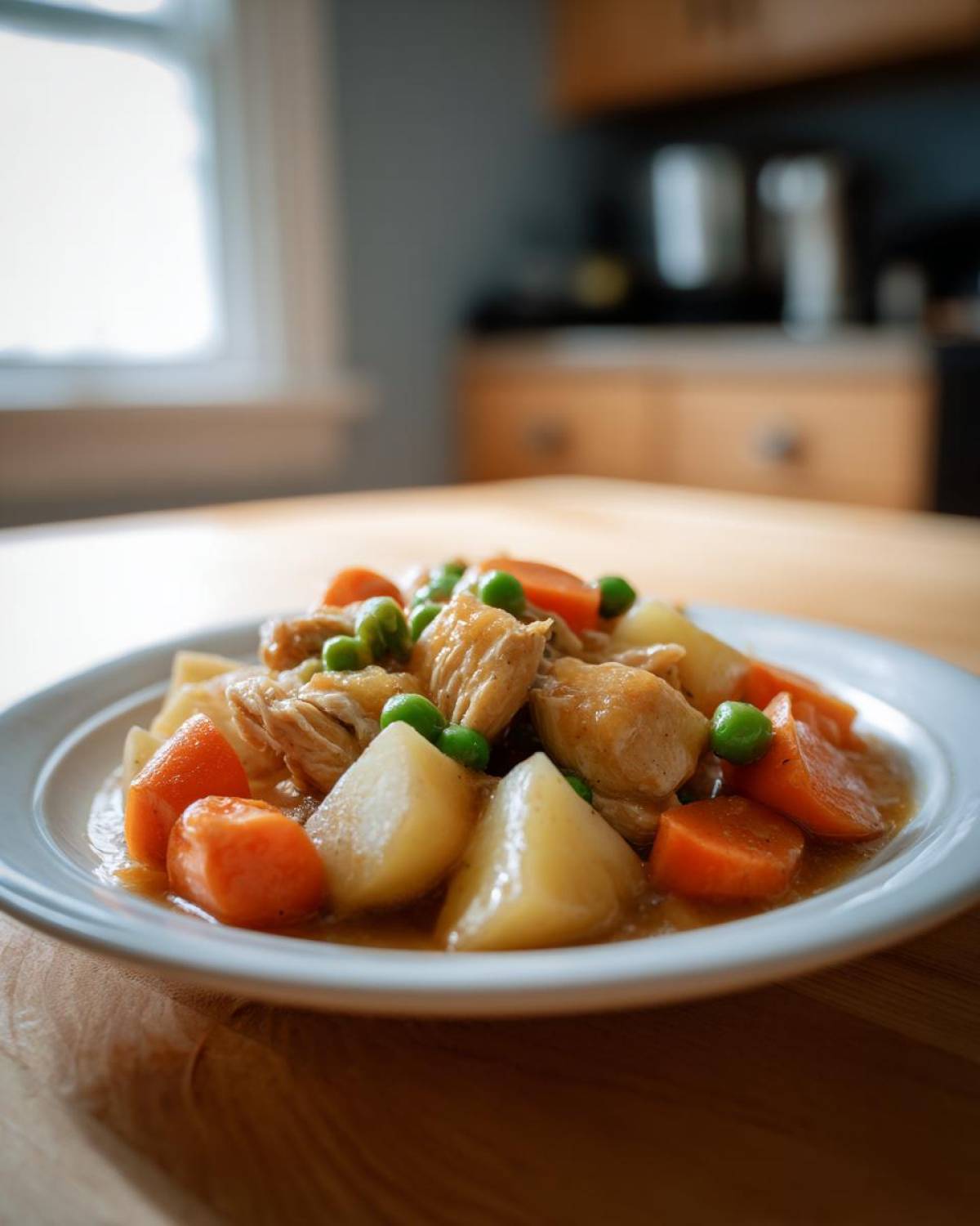A close-up serving of slow cooker chicken stew featuring chunks of chicken, potatoes, carrots, and peas in a light broth.