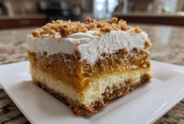 Close-up of a layered slice of pumpkin crunch dessert showing crust, cream cheese, pumpkin, and whipped topping.