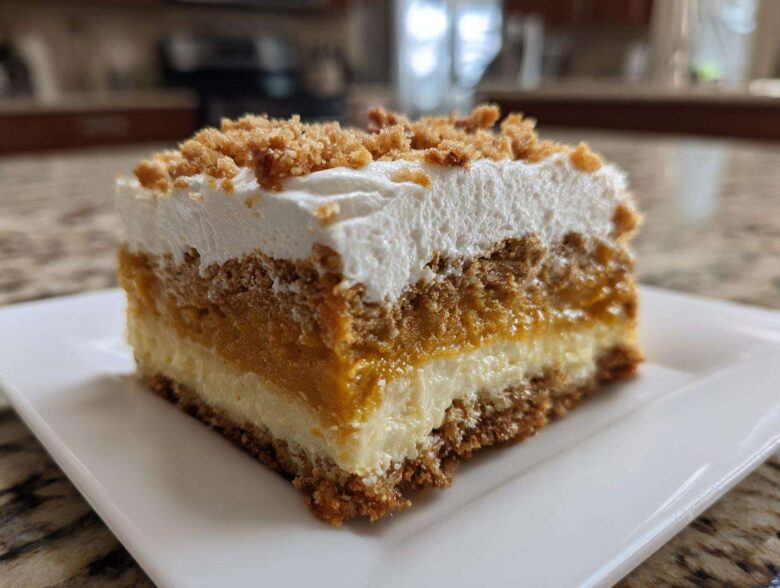 Close-up of a layered slice of pumpkin crunch dessert showing crust, cream cheese, pumpkin, and whipped topping.