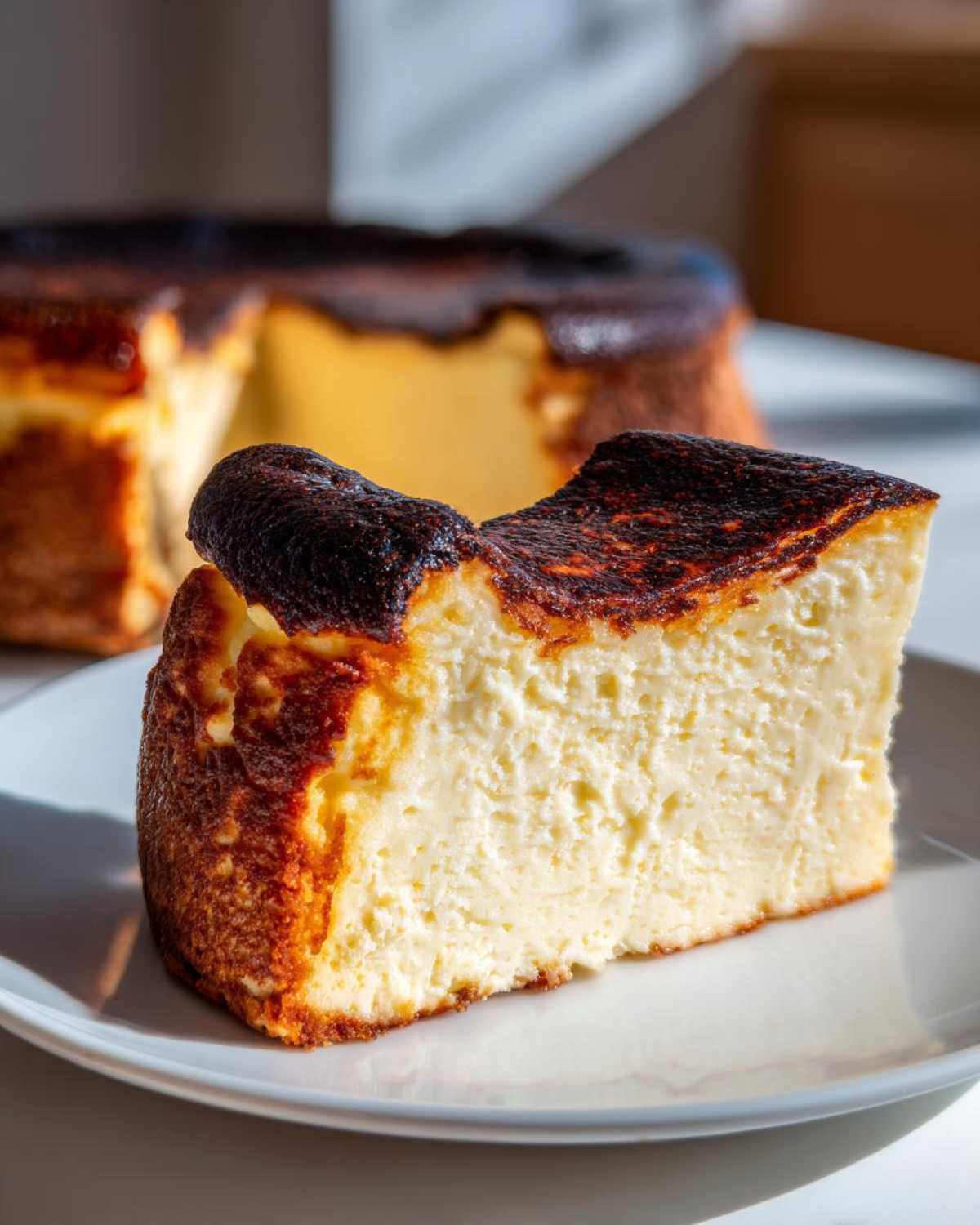 A thick slice of creamy basque cheesecake with a deeply caramelized, almost burnt top, sitting on a white plate.