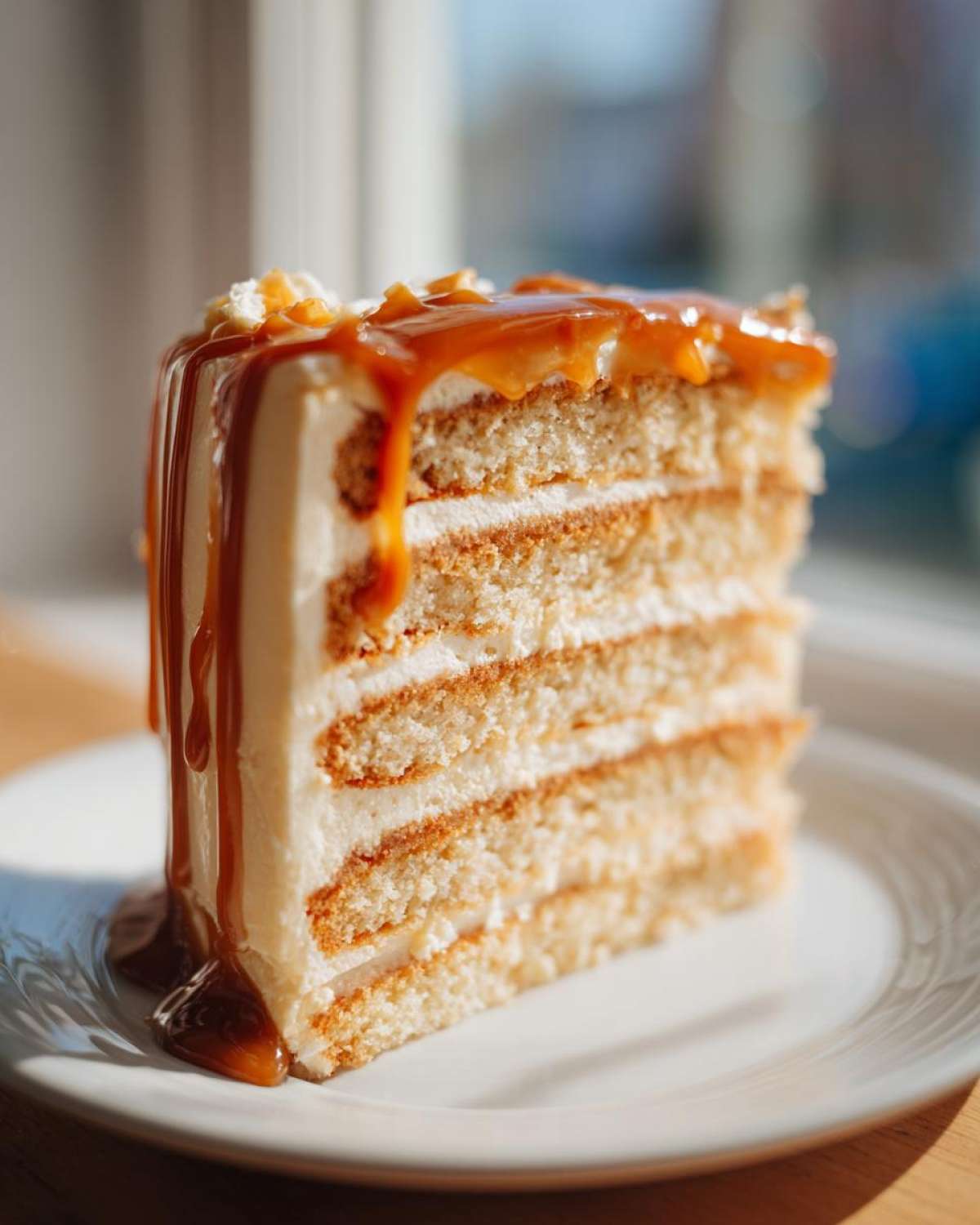 A tall slice of layered caramel cake with white frosting and rich caramel sauce dripping down the side.