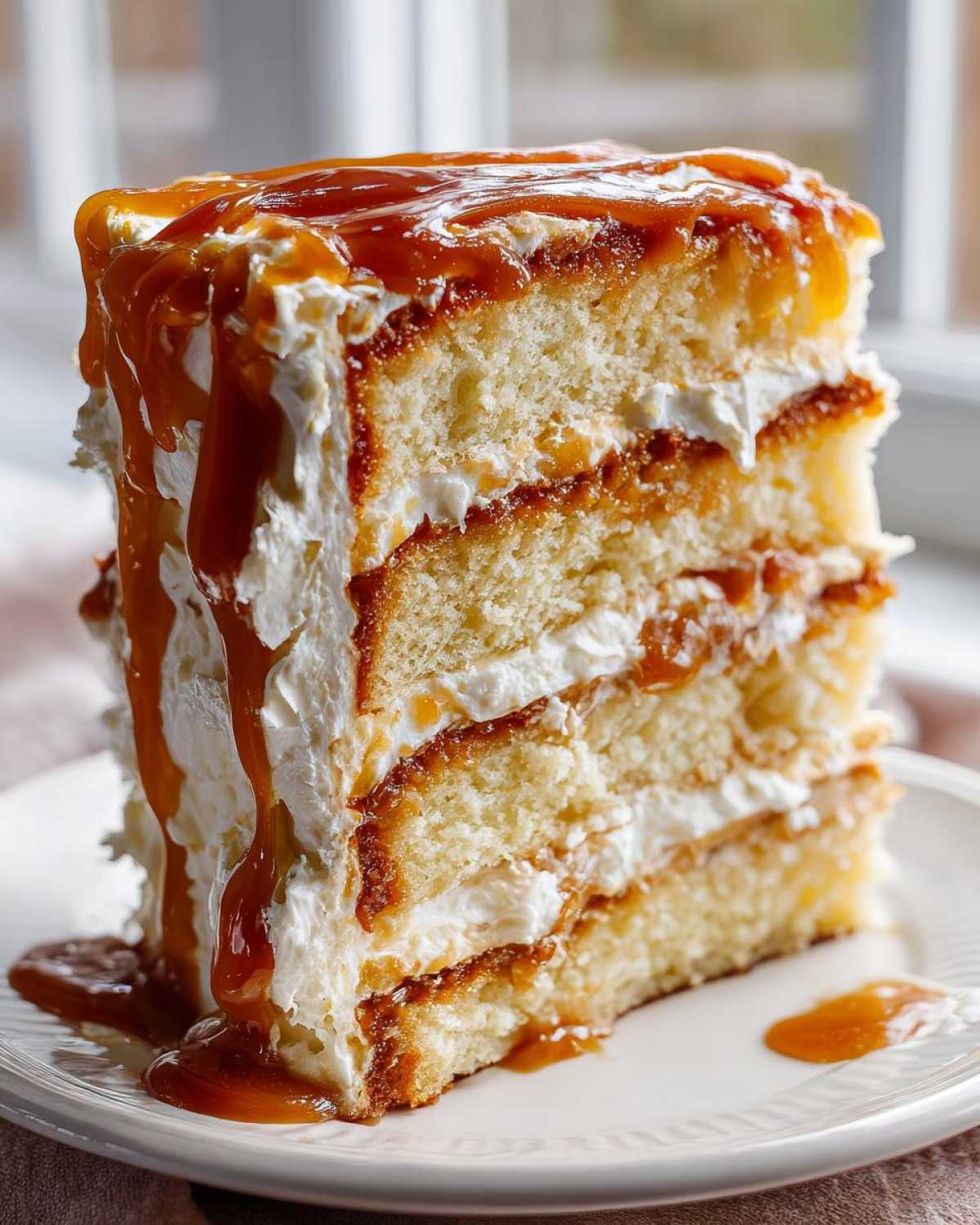 Close-up of a tall slice of caramel cake with layers of white frosting and dripping caramel sauce.