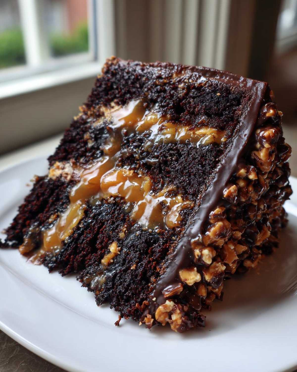 A decadent slice of chocolate caramel toffee crunch cake showing rich dark layers and gooey caramel filling.