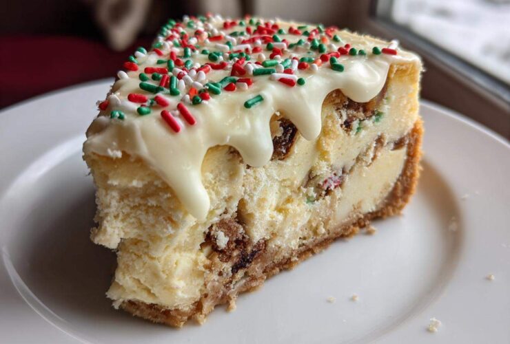 A thick slice of christmas tree cheesecake topped with white chocolate drizzle and festive red, green, and white sprinkles.