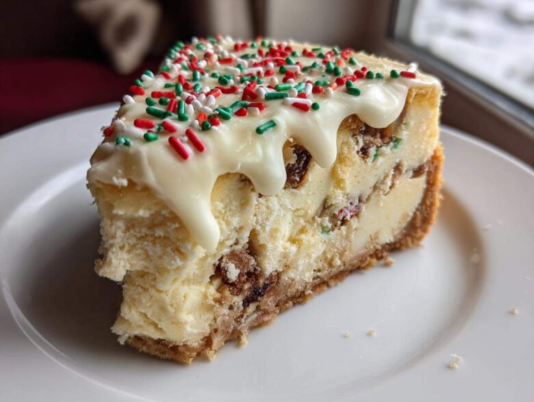 A thick slice of christmas tree cheesecake topped with white chocolate drizzle and festive red, green, and white sprinkles.