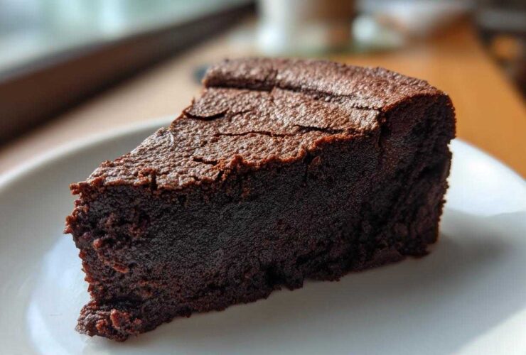 A close-up slice of dark, dense flourless chocolate cake resting on a white plate, catching natural light.