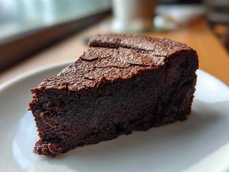 A close-up slice of dark, dense flourless chocolate cake resting on a white plate, catching natural light.