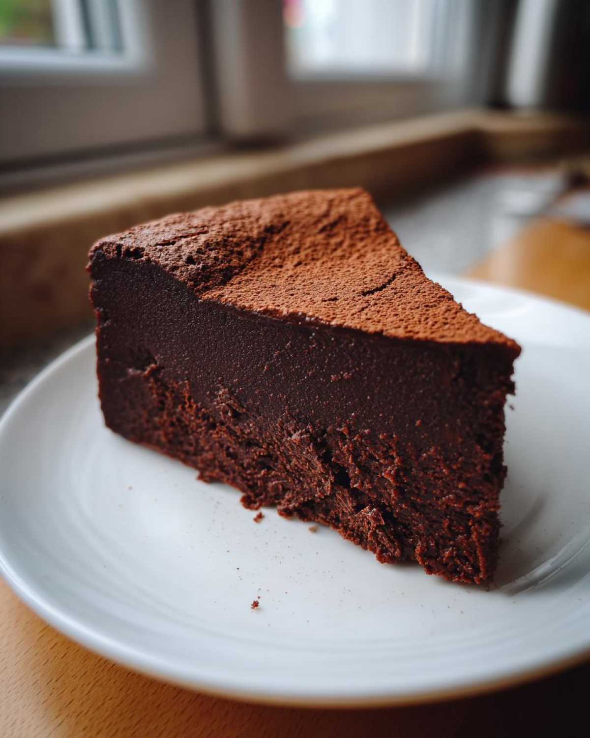 A decadent slice of flourless chocolate cake, intensely dark and dusted with cocoa powder, served on a white plate.