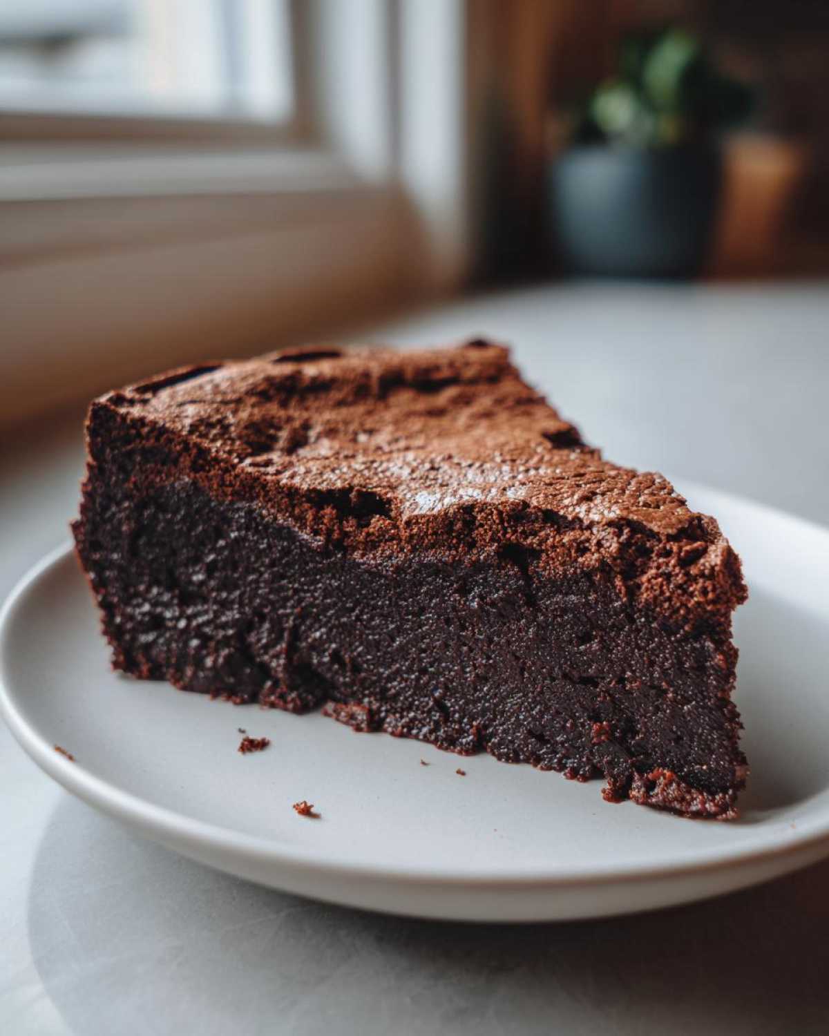 A decadent slice of flourless chocolate cake, dense and dark, dusted lightly with powdered sugar on a light gray plate.