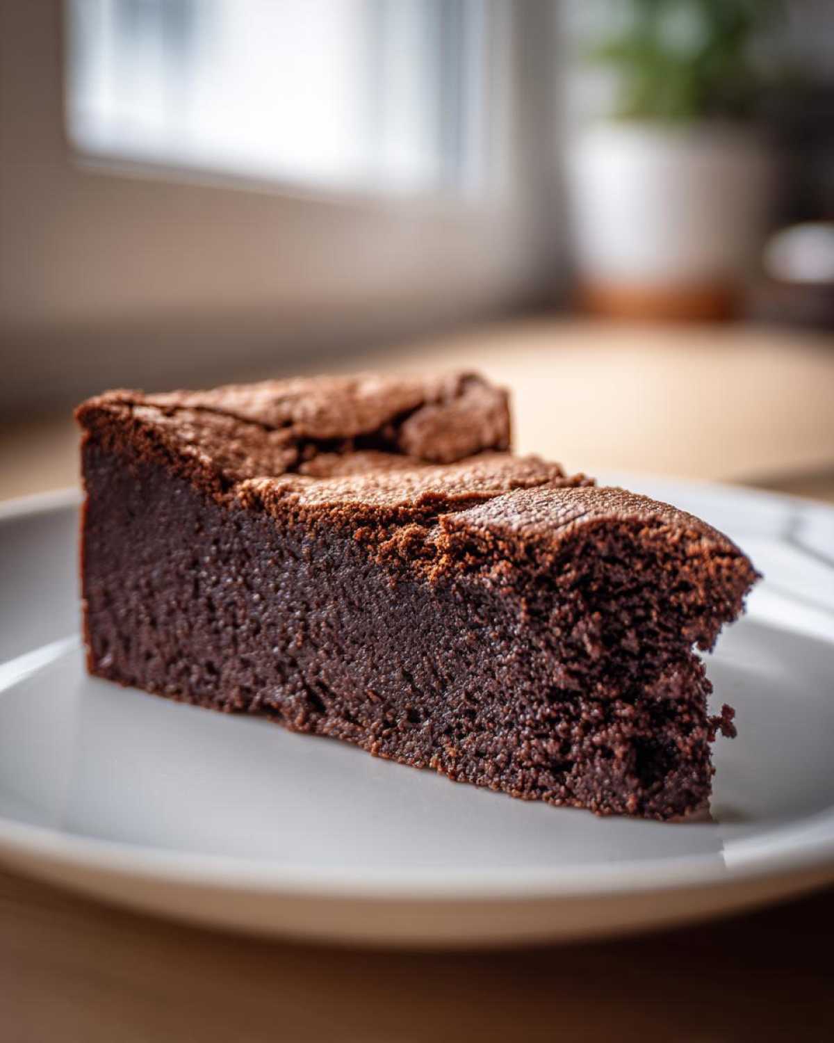 A decadent slice of flourless chocolate cake with a cracked, dusted top, served on a light gray plate.