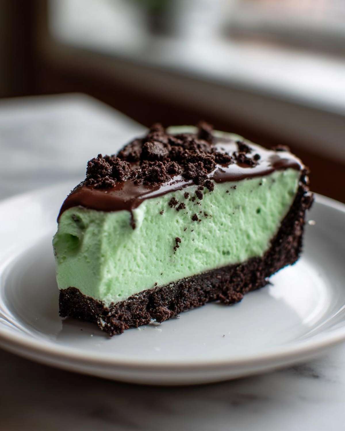 A single slice of bright green grasshopper pie with a dark chocolate cookie crust, topped with fudge and cookie crumbs.