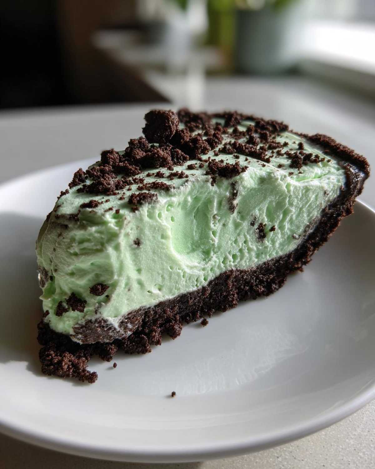 A close-up of a single slice of light green grasshopper pie with a dark chocolate crust, topped with chocolate crumbs.