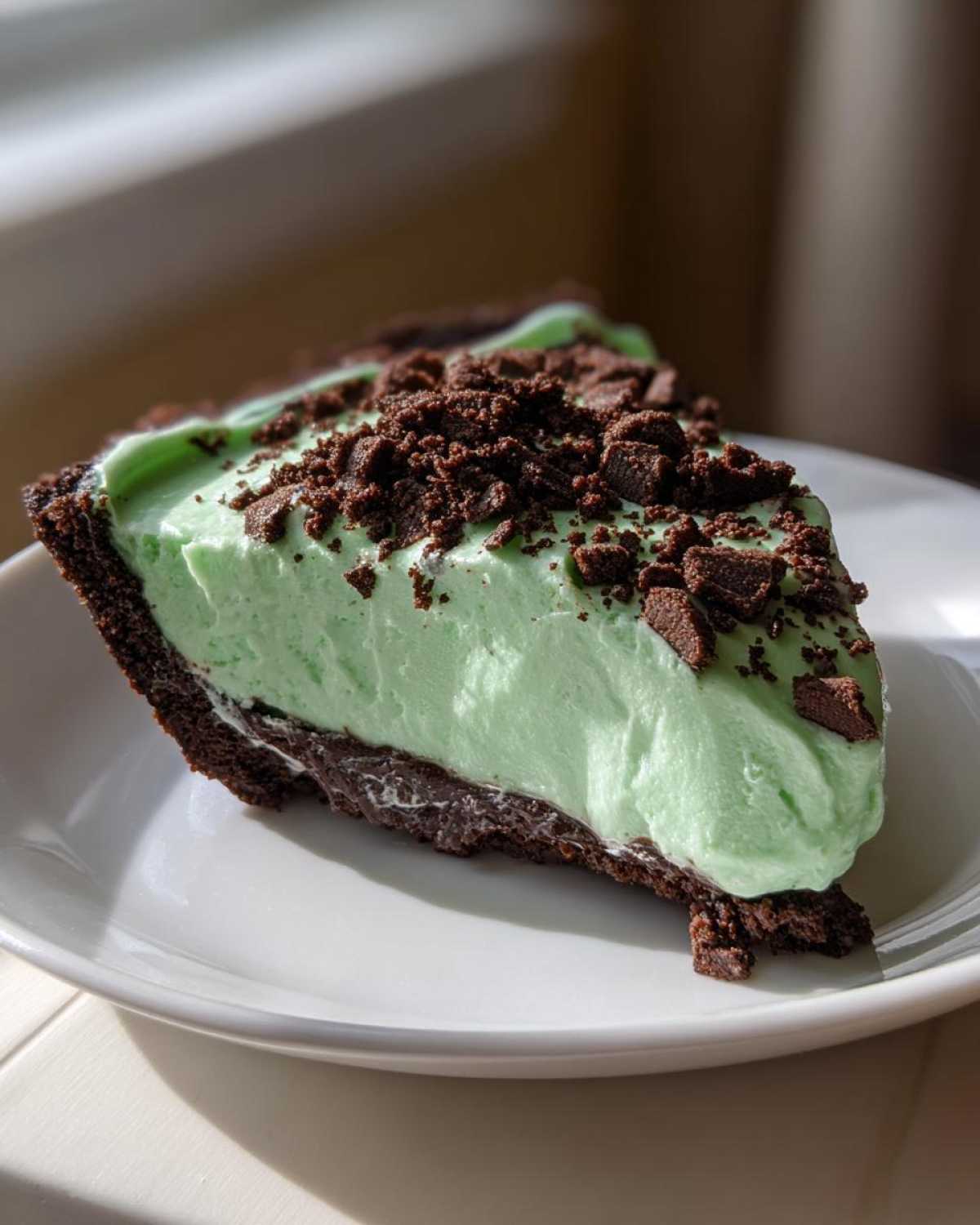 A close-up slice of light green grasshopper pie with a dark chocolate crust and chocolate cookie crumbs on top.