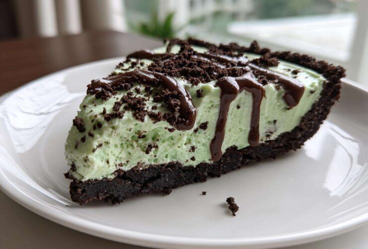 A close-up of a slice of light green grasshopper pie with a dark chocolate crust, topped with chocolate crumbles and fudge drizzle.