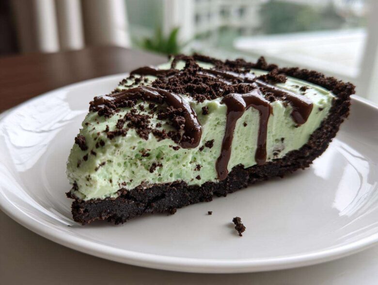 A close-up of a slice of light green grasshopper pie with a dark chocolate crust, topped with chocolate crumbles and fudge drizzle.