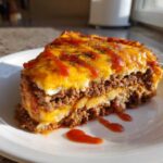 A thick, layered slice of burrito bake featuring ground meat, white filling, and melted cheddar cheese, drizzled with hot sauce.