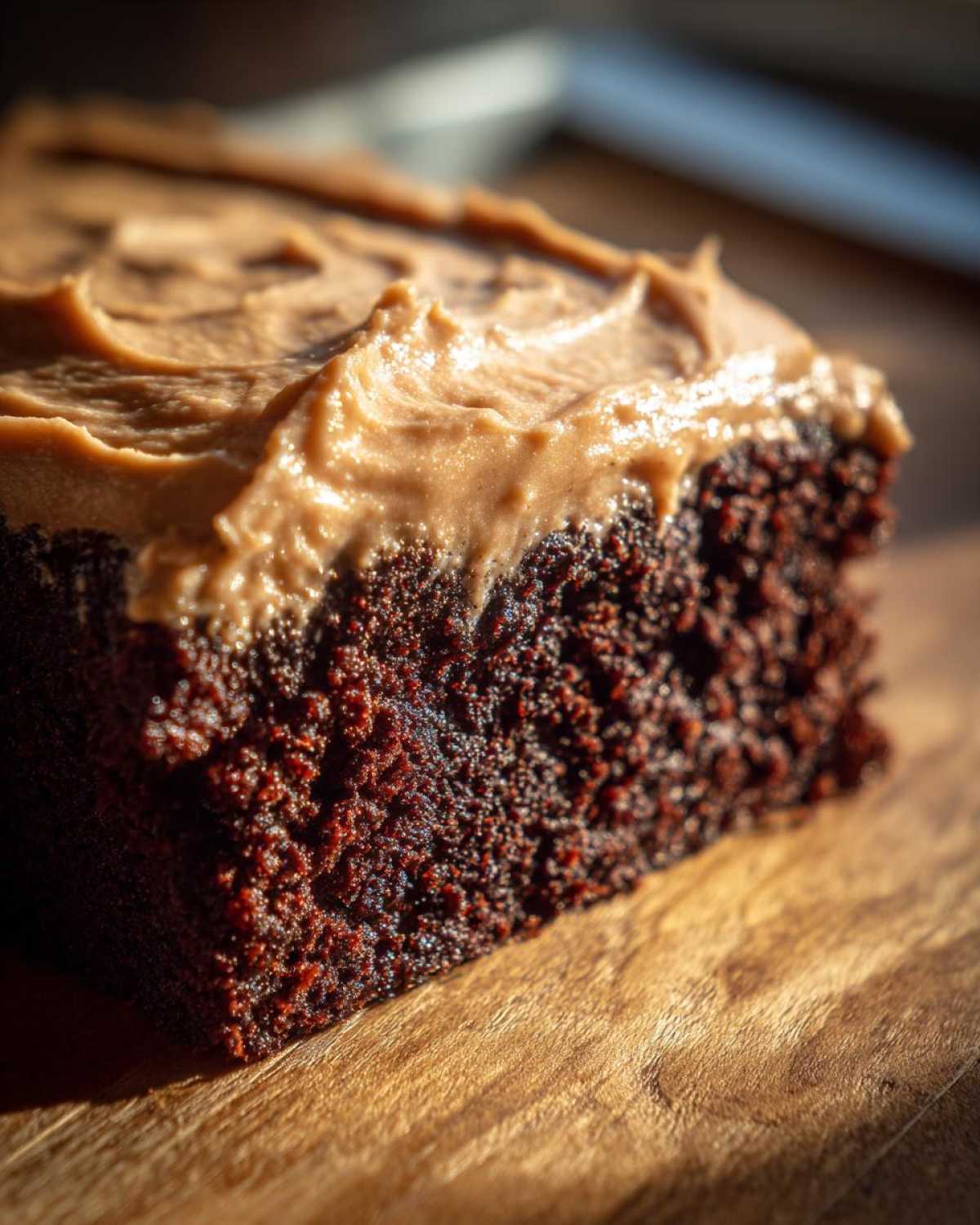 A close-up view of a moist, dark slice of gingerbread cake topped with thick, swirled caramel-colored frosting.