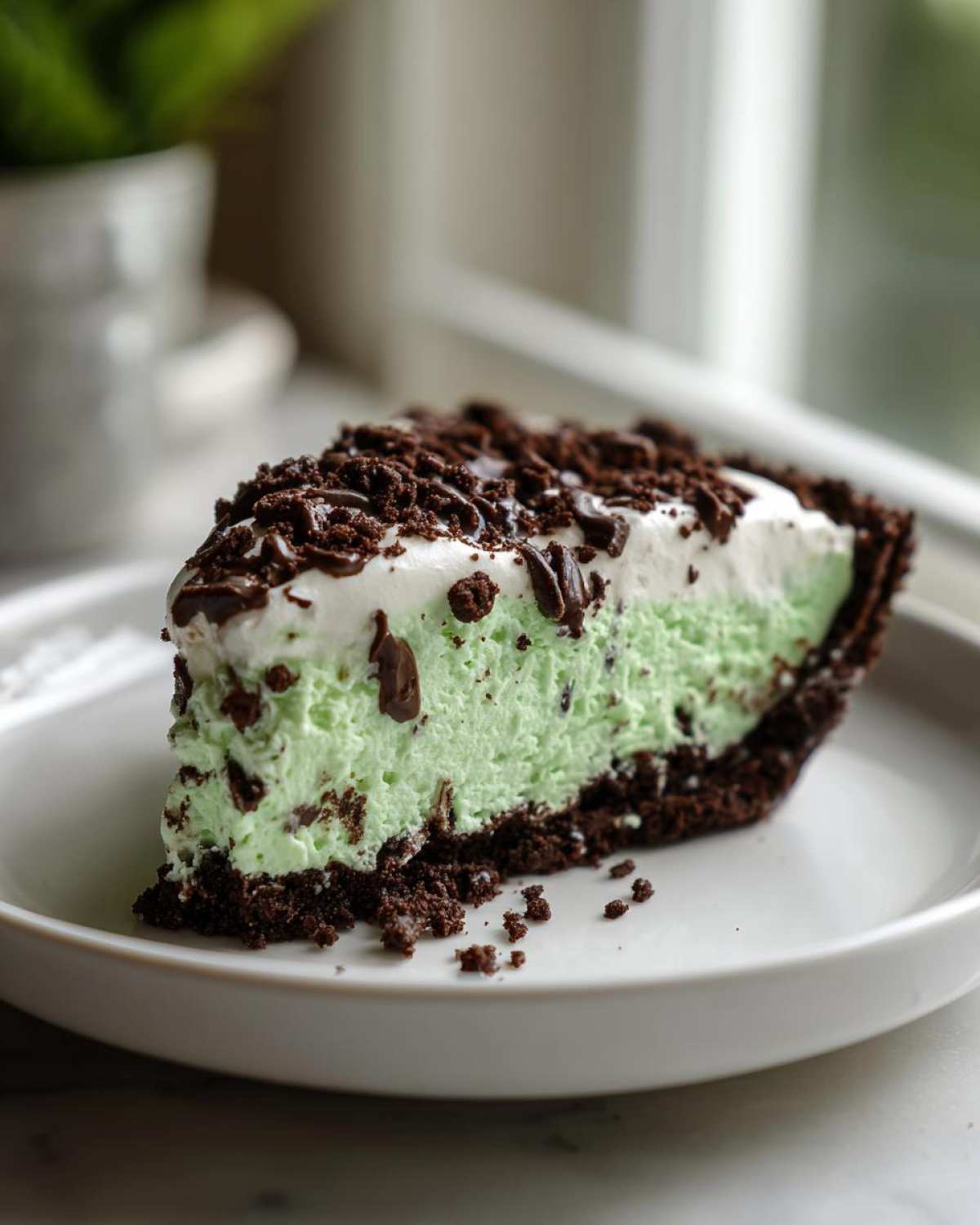 A close-up of a slice of light green grasshopper pie with a dark chocolate crust, topped with whipped cream and chocolate shavings.