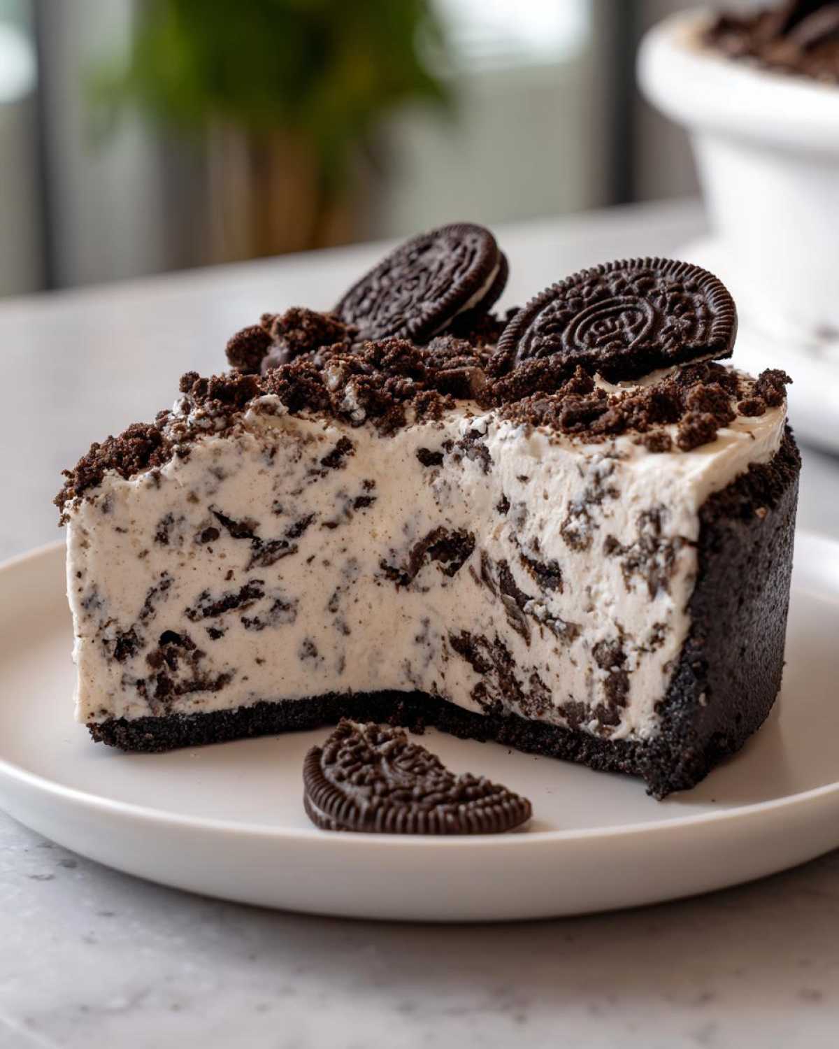 A generous slice of creamy, no-bake Oreo pie with visible cookie chunks, sitting on a white plate.