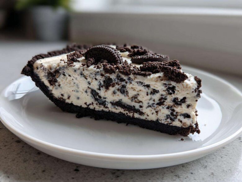 A generous slice of creamy, no-bake Oreo pie with a dark chocolate crust, served on a white plate.