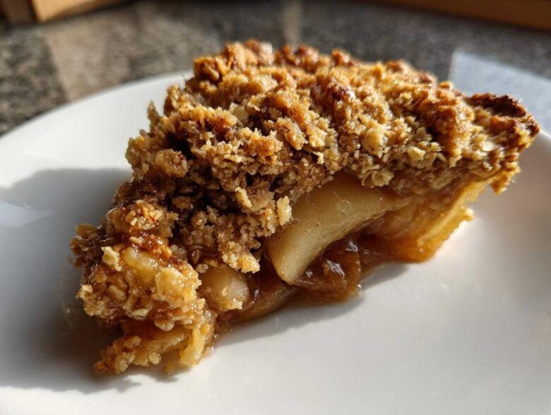 Close-up of a delicious slice of pear crisp showing baked, bubbly fruit filling and a thick, crunchy oat topping.