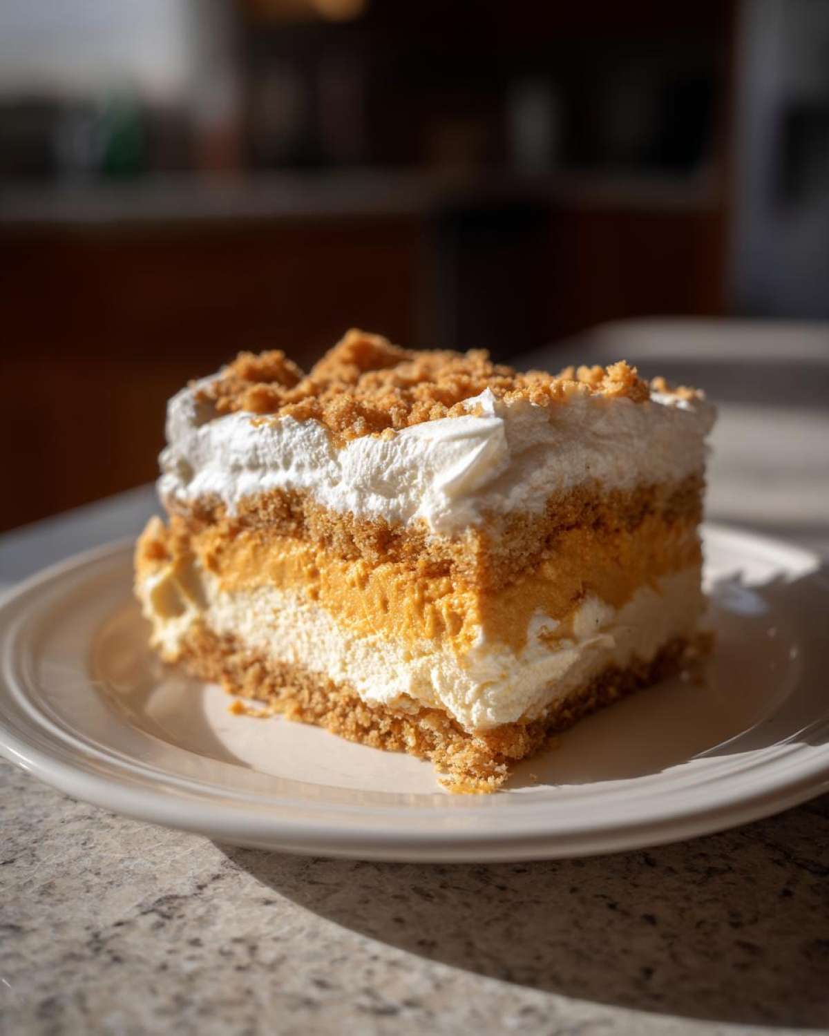 A perfect slice of 3-layer pumpkin crunch dessert featuring a crust, pumpkin layer, cream layer, and whipped topping with crumble.