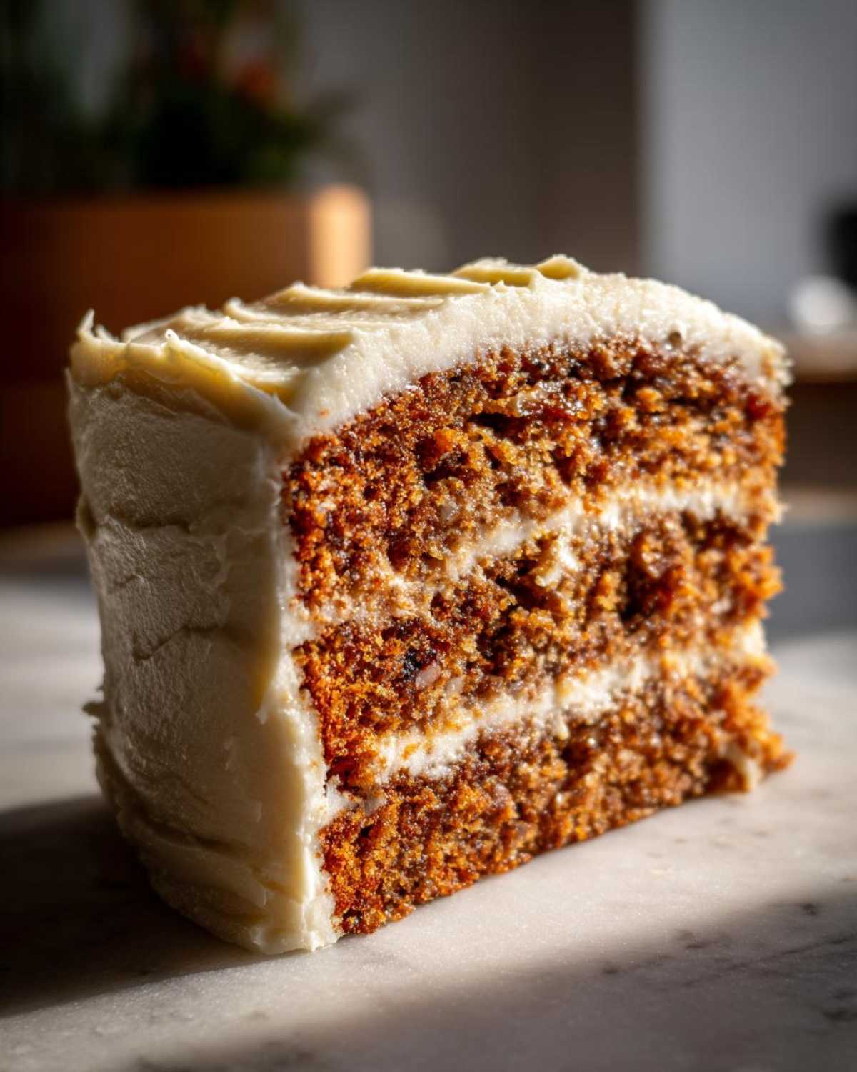 Close-up of a thick slice of layered spice cake with rich orange crumb and cream cheese frosting.