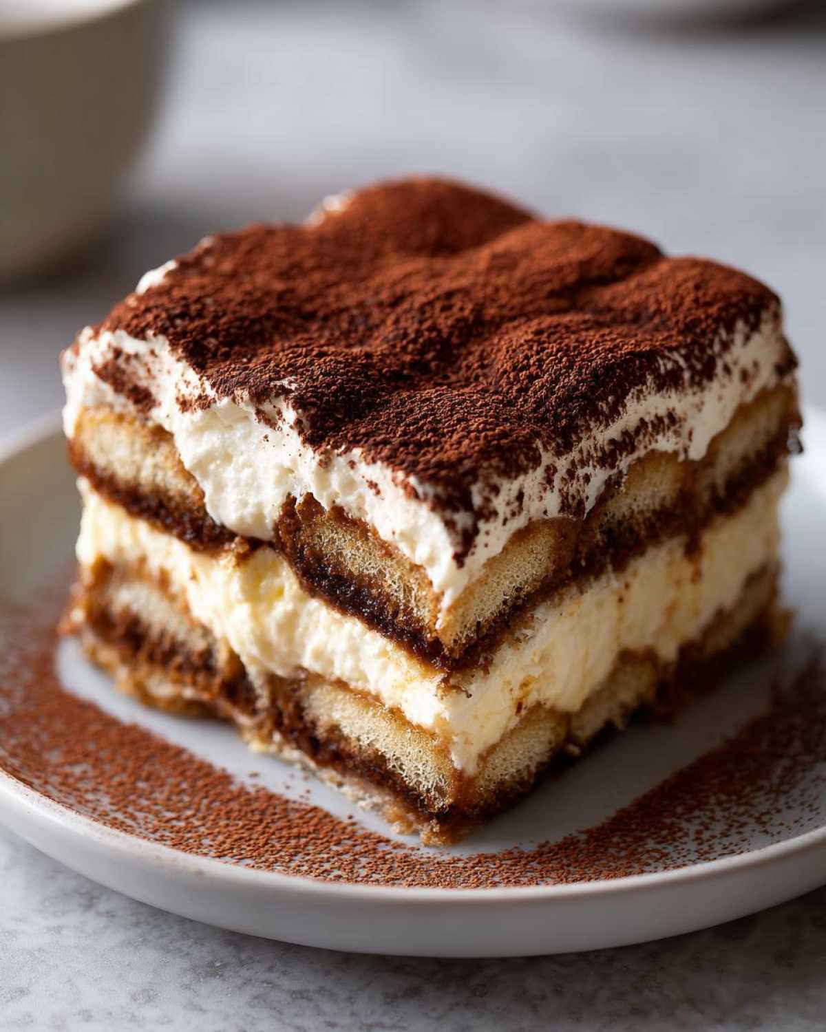 A beautiful, layered slice of tiramisu recipe dessert dusted heavily with cocoa powder on a light plate.