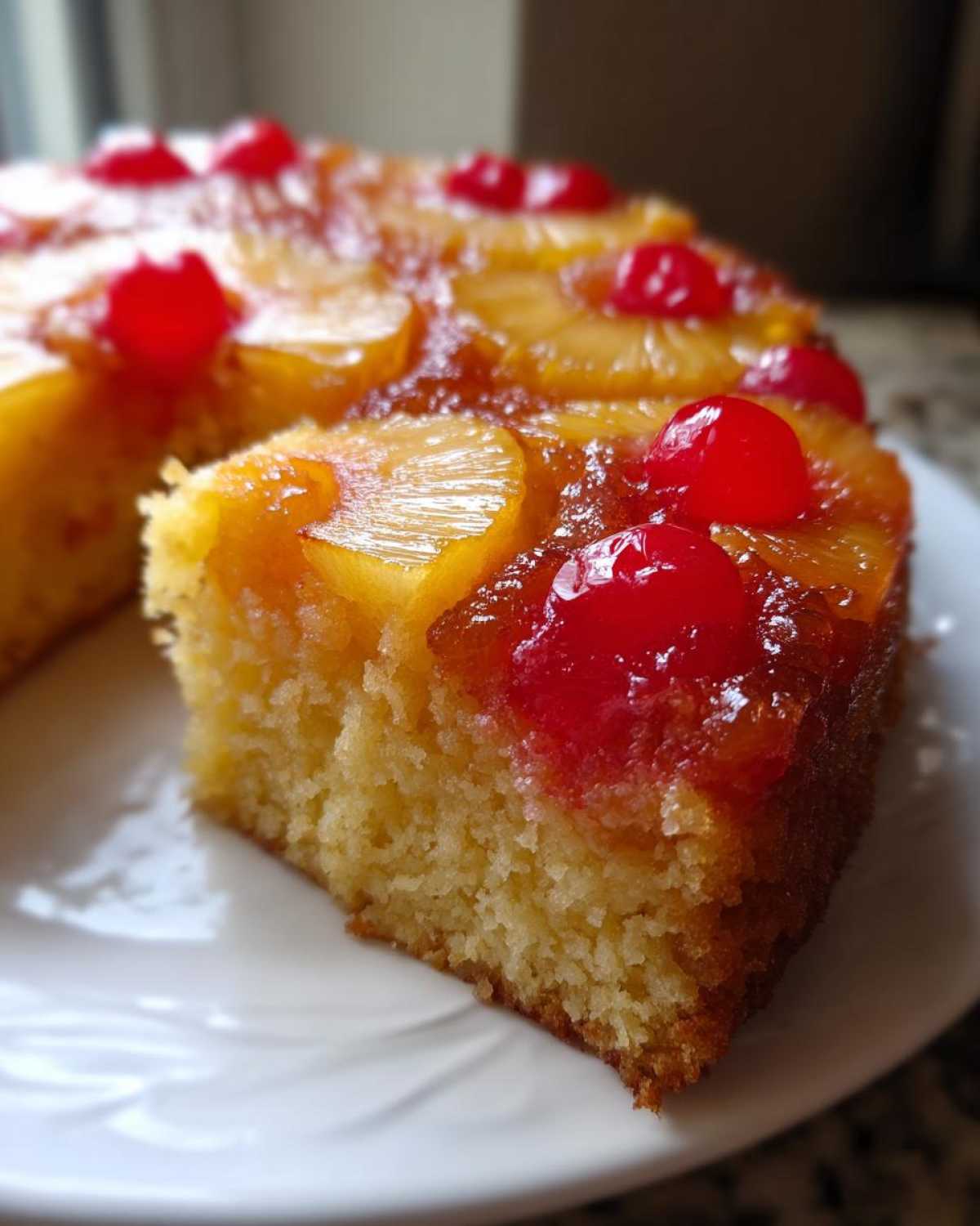 A close-up of a moist slice of pineapple upside down cake topped with caramelized pineapple rings and bright red maraschino cherries.