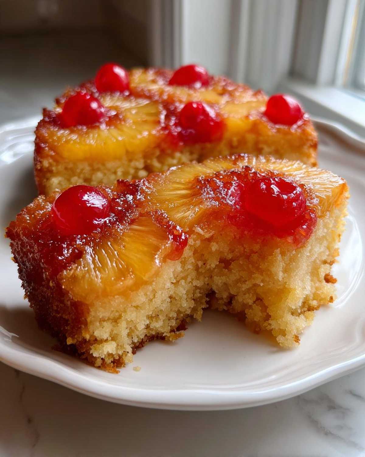 A close-up of a slice of pineapple upside down cake with a bite taken out, showing moist texture and caramelized topping.