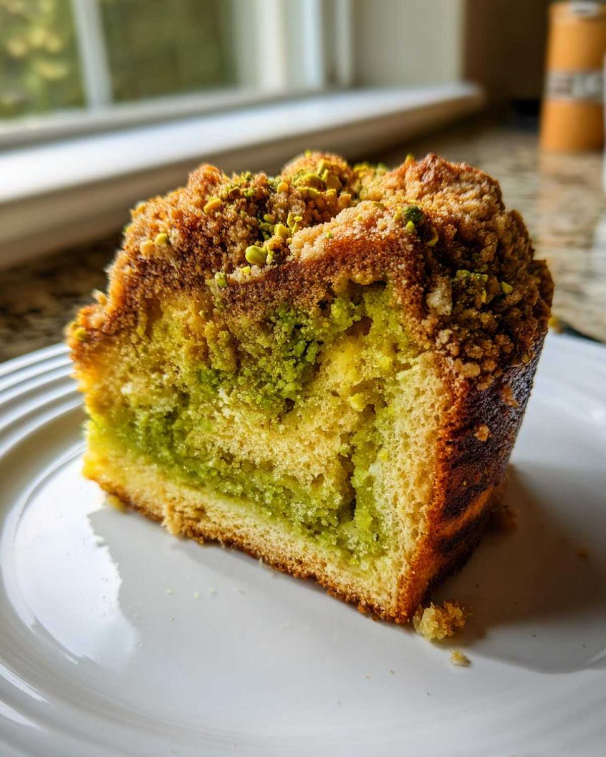 Close-up of a slice of pistachio coffee cake showing the green pistachio swirl and crumb topping.