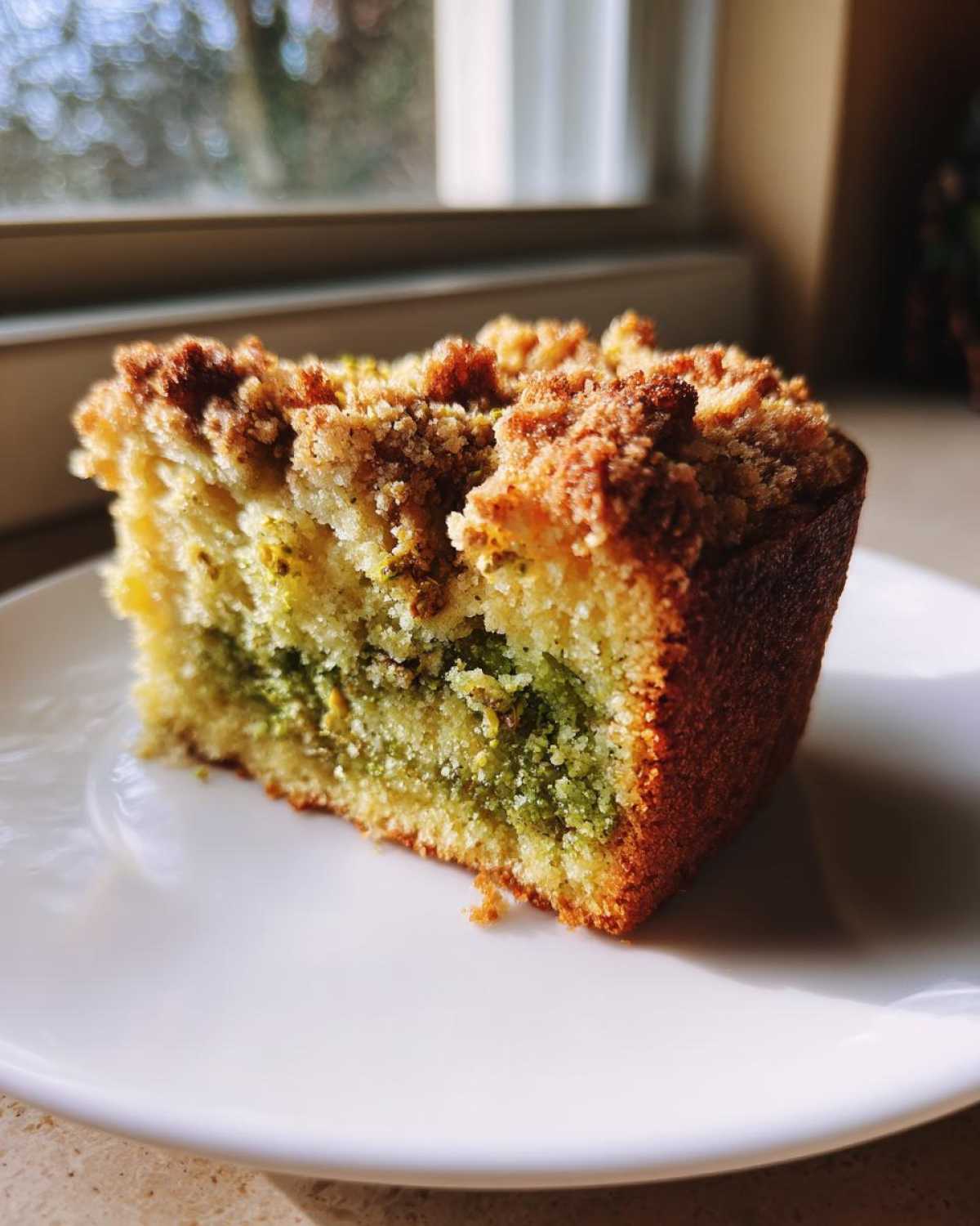 A close-up of a slice of moist pistachio coffee cake featuring a vibrant green pistachio swirl and a golden brown crumb topping.