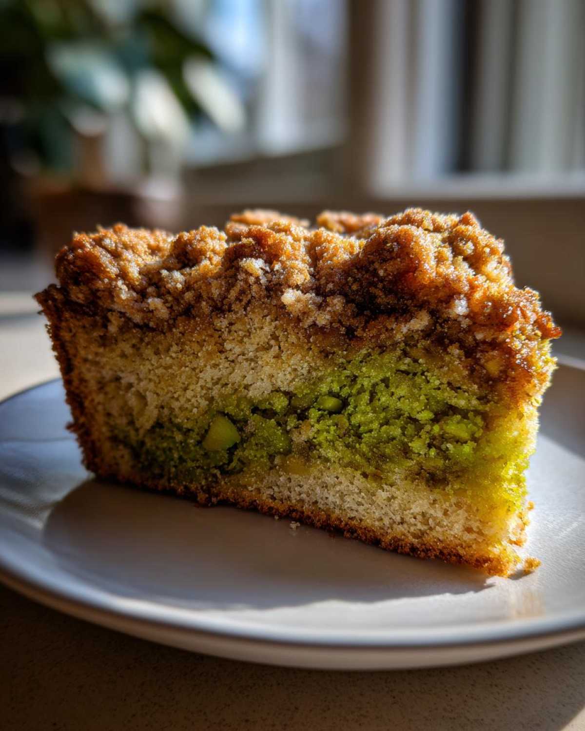 A close-up slice of pistachio coffee cake showing a bright green pistachio layer and a golden brown crumb topping.