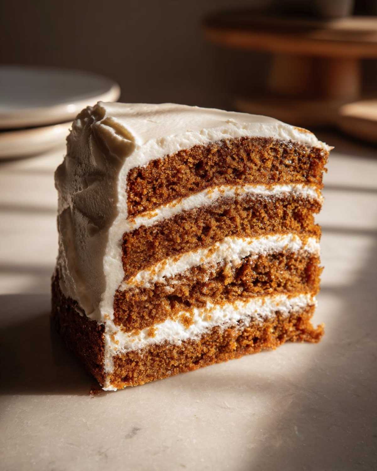 A tall, moist slice of three-layer spice cake with thick white frosting between layers and on top.