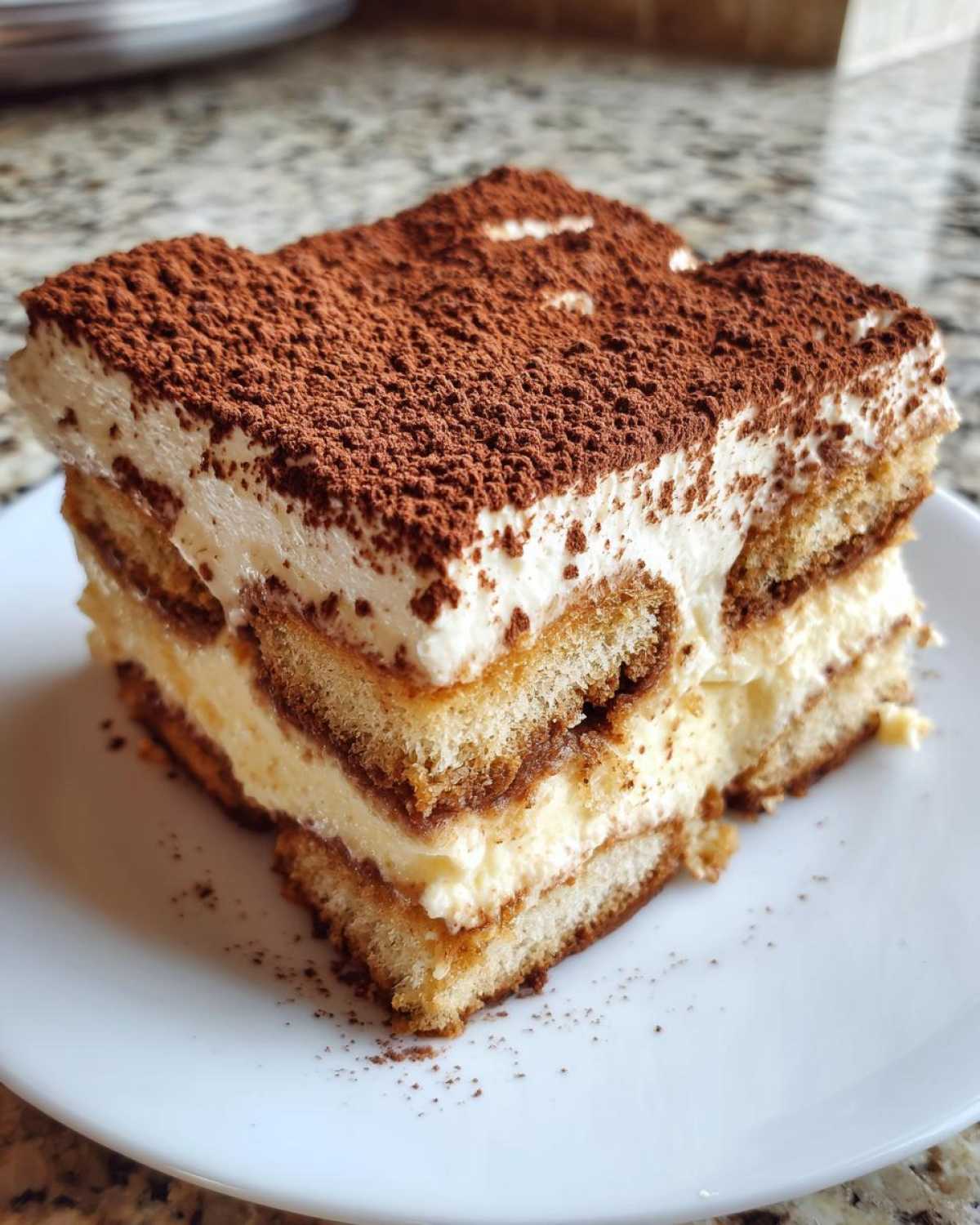 A perfect slice of homemade tiramisu recipe showing layers of cream, coffee-soaked ladyfingers, and a heavy dusting of cocoa powder.