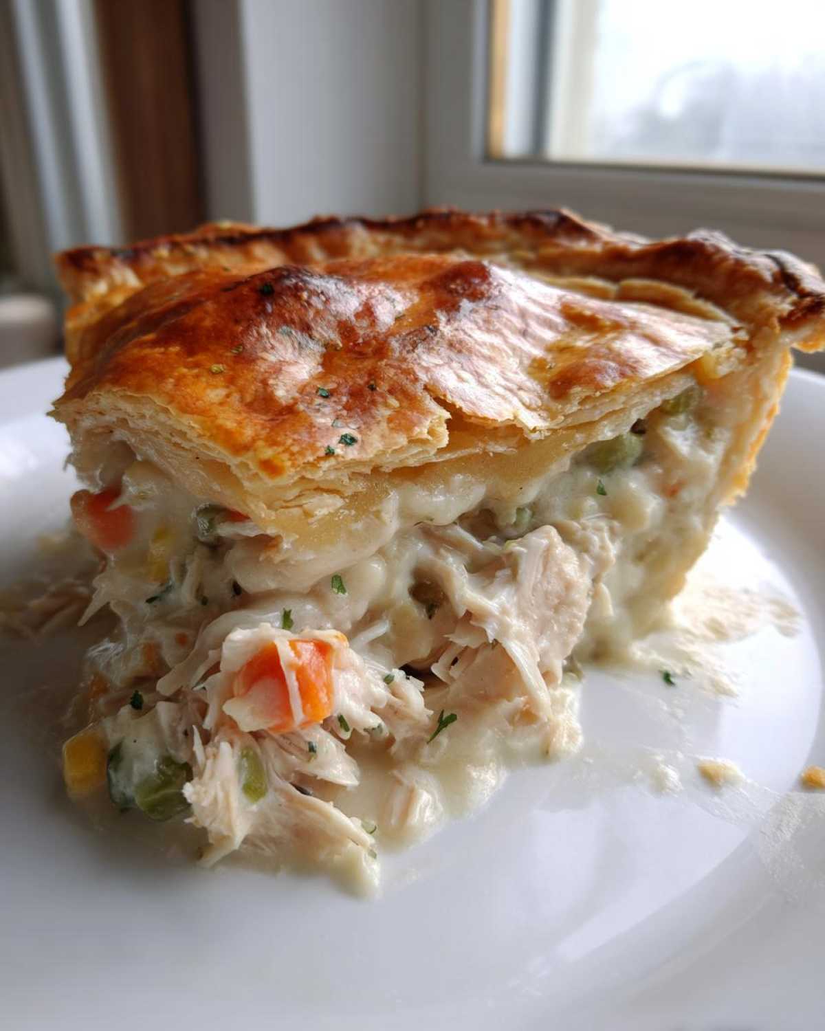 A close-up slice of creamy turkey pot pie recipe showing flaky crust and rich filling.