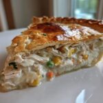 A close-up of a generous slice of turkey pot pie recipe showing shredded turkey, creamy filling, and mixed vegetables under a golden, flaky crust.