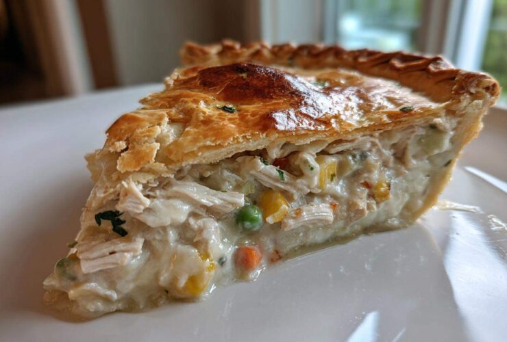 A close-up of a generous slice of turkey pot pie recipe showing shredded turkey, creamy filling, and mixed vegetables under a golden, flaky crust.