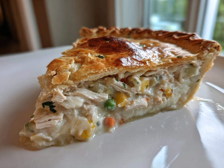 A close-up of a generous slice of turkey pot pie recipe showing shredded turkey, creamy filling, and mixed vegetables under a golden, flaky crust.