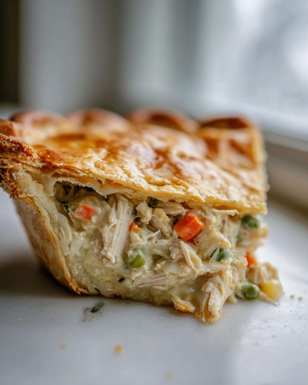 Close-up of a slice of turkey pot pie recipe showing shredded turkey, carrots, and peas in a creamy sauce under a golden crust.