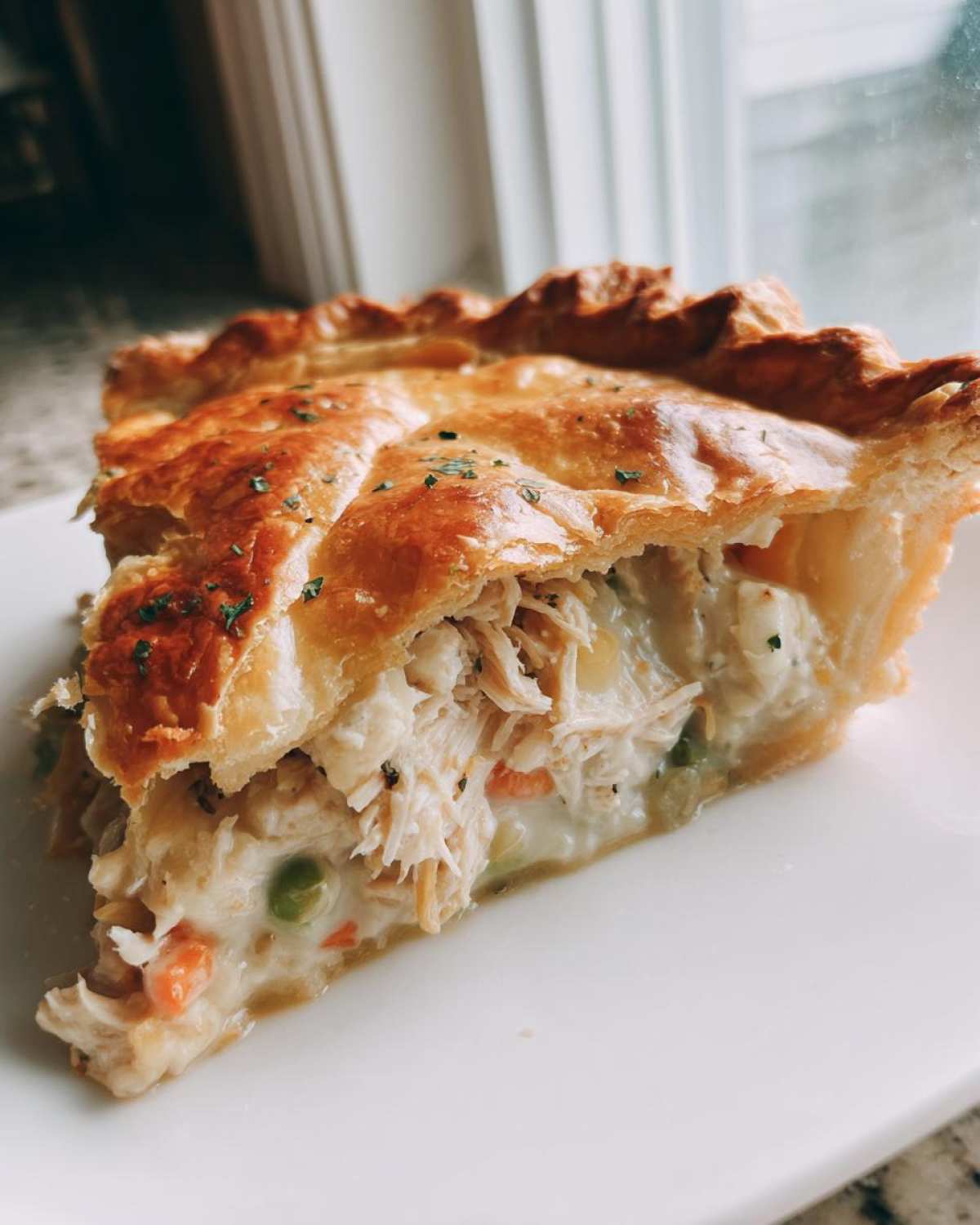 Close-up of a slice of turkey pot pie recipe showing flaky golden crust and creamy filling with shredded turkey and vegetables.