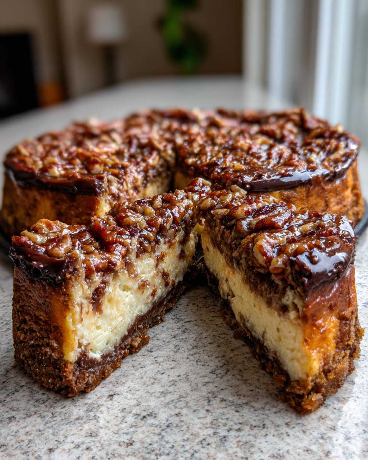 A rich german chocolate cheesecake with two slices cut out, showing the creamy filling and pecan topping.