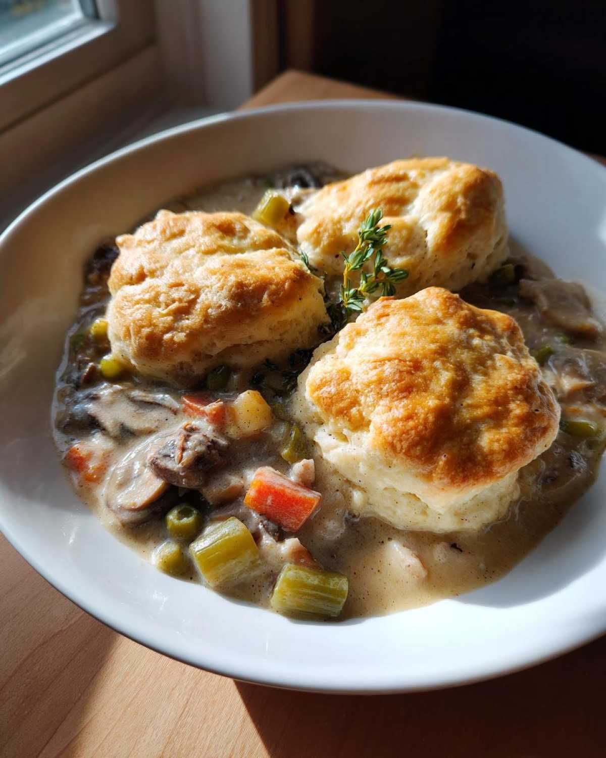 A white bowl filled with creamy slow cooker chicken and dumplings topped with three golden biscuits and a thyme sprig.