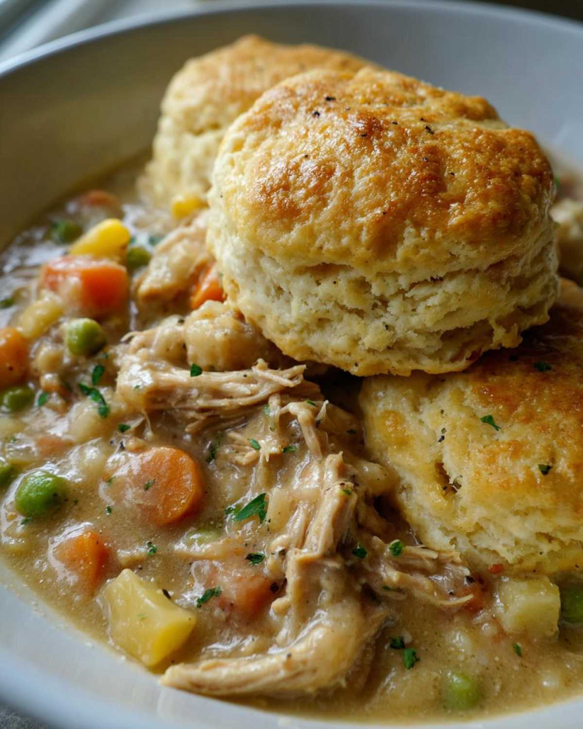 Close-up of creamy slow cooker chicken and dumplings topped with two golden brown biscuits.
